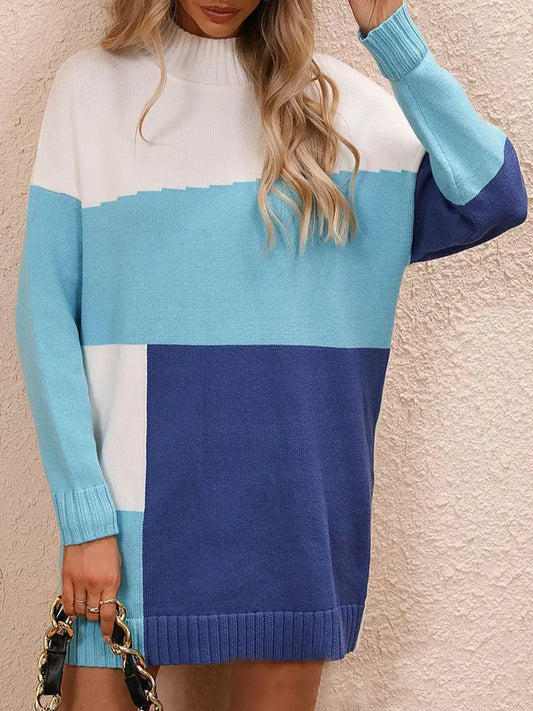 Women Color Block Crew Neck Long Sleeve Comfy Vintage Short Sweater Dress