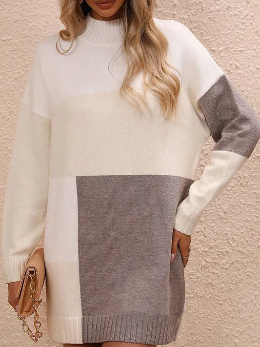 Women Color Block Crew Neck Long Sleeve Comfy Vintage Short Sweater Dress
