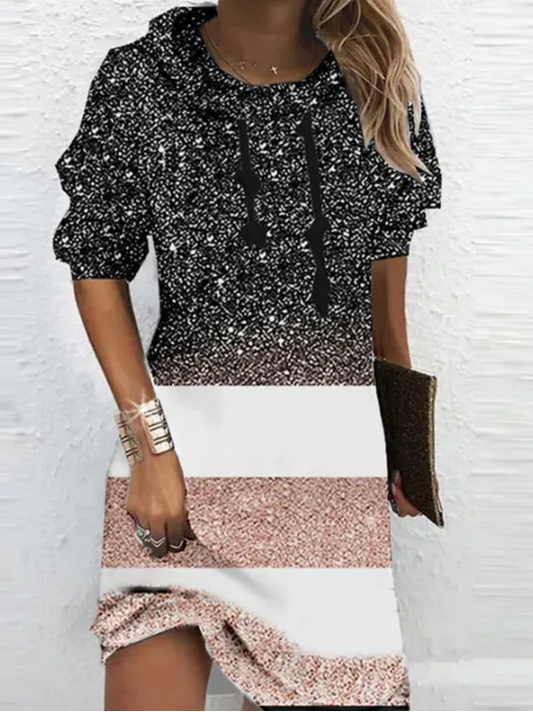 Women Color Block Long Sleeve Comfy Casual Midi Sweashirt Dress