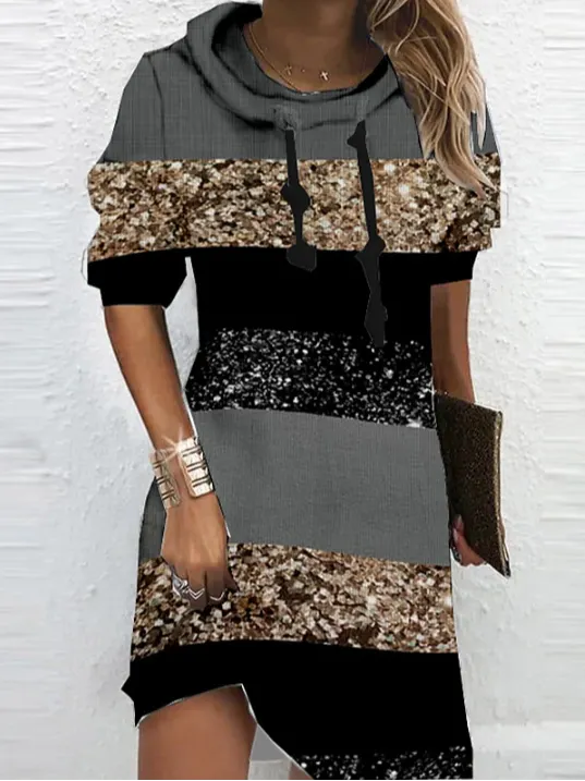 Women Color Block Long Sleeve Comfy Casual Midi Sweashirt Dress